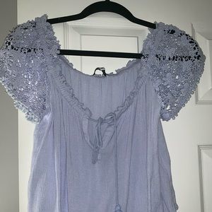 Off the shoulder, blue shirt by Heartloom!
